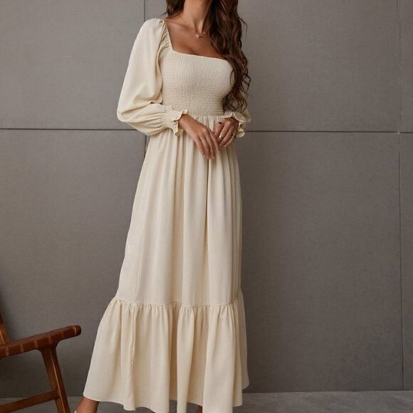 Apricot Boho Womens Square Neck Shirred Ruffle Hem Dress - Picture 4 of 5